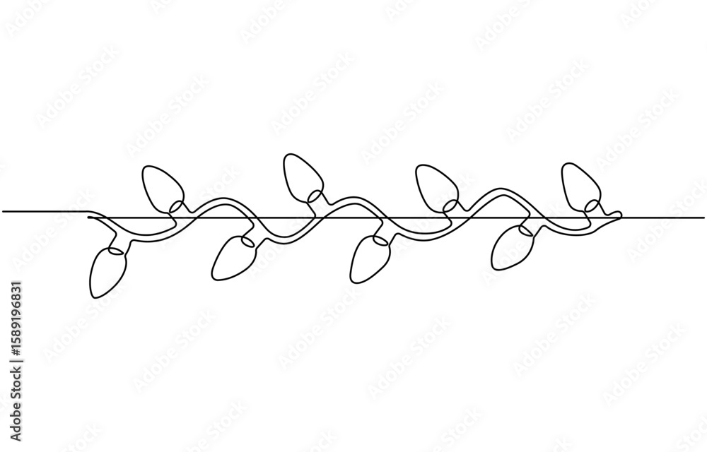One continuous line drawing of Christmas garland with light bulbs, Festive festoon string and divider border in simple linear style. Editable stroke. One continuous line drawing of Christmas garland with light bulbs, Festive festoon string and divider border in simple linear style. Editable stroke.