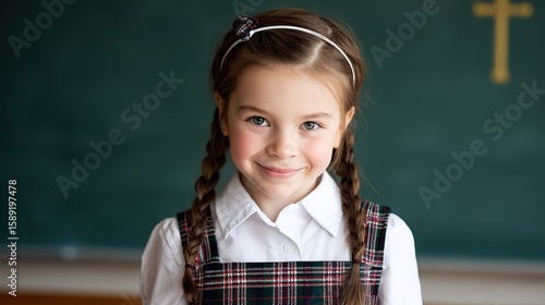 A young girl in a school uniform smiles brightly against a blackboard background, exuding joy and positivity in a vibrant, clear setting that captures the essence of student life and education.