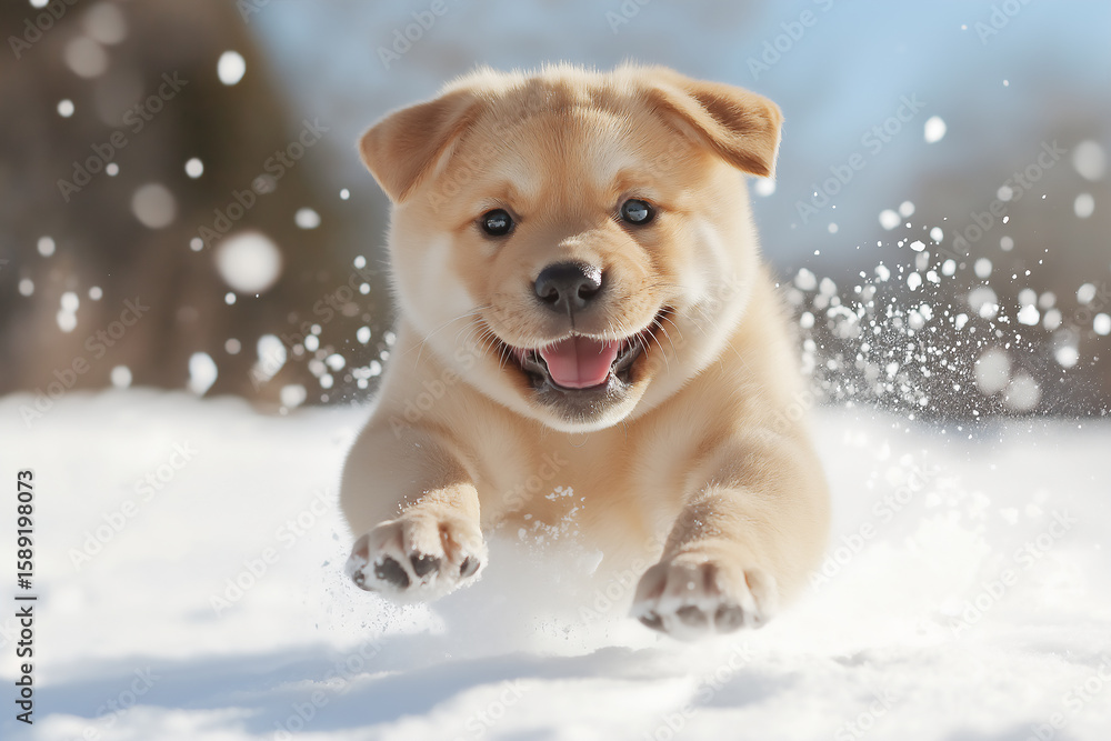 Playful puppy Labrador enjoying snowy day, running with joy and energy outdoors. Playful puppy Labrador enjoying snowy day, running with joy and energy outdoors.