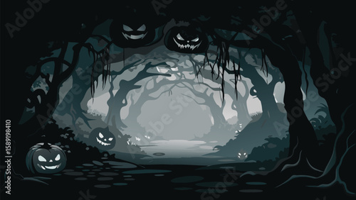 A spooky halloween night scene featuring carved pumpkins in a dark and eerie forest setting view