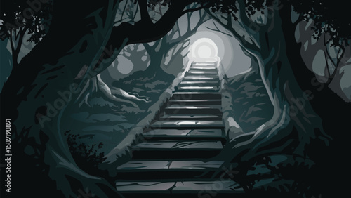 A stairway to light through a dark forest with trees and steps leading to a bright opening ahead