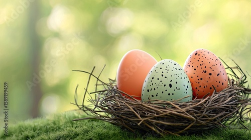 Happy Easter composition with three beautifully painted eggs in a bird nest, set in a meadow with space for product display.
