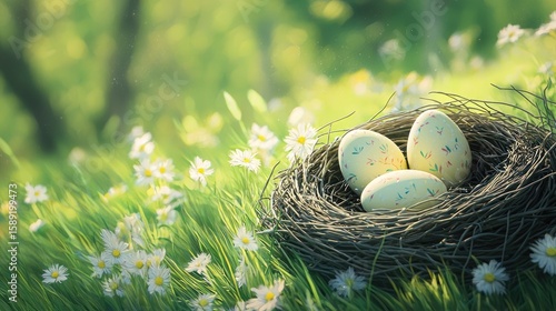 Happy Easter composition with three beautifully painted eggs in a bird nest, set in a meadow with space for product display.