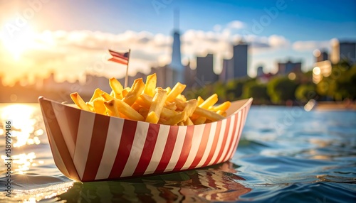 French fries in a paper boat on water, city skyline