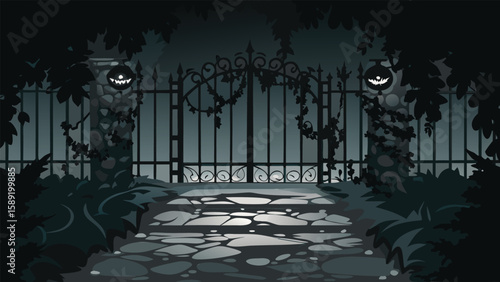 A spooky halloween gate entrance with stone pathway and pumpkin lanterns in a dark and eerie setting
