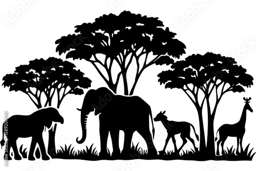 Photography Vector art of silhouette of elephants in the forest