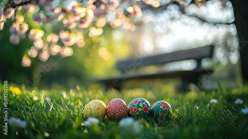 Painted Easter eggs nestled in the green grass, surrounded by cherry blossoms, with a rustic wooden bench in the background.