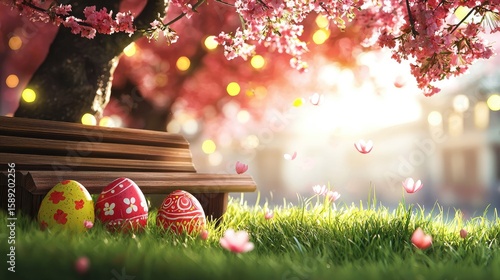 Painted Easter eggs nestled in the green grass, surrounded by cherry blossoms, with a rustic wooden bench in the background.