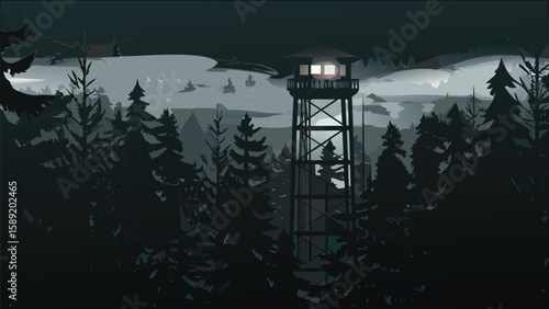 A fire lookout tower stands tall amidst a dense forest under a cloudy and somewhat ominous sky scape