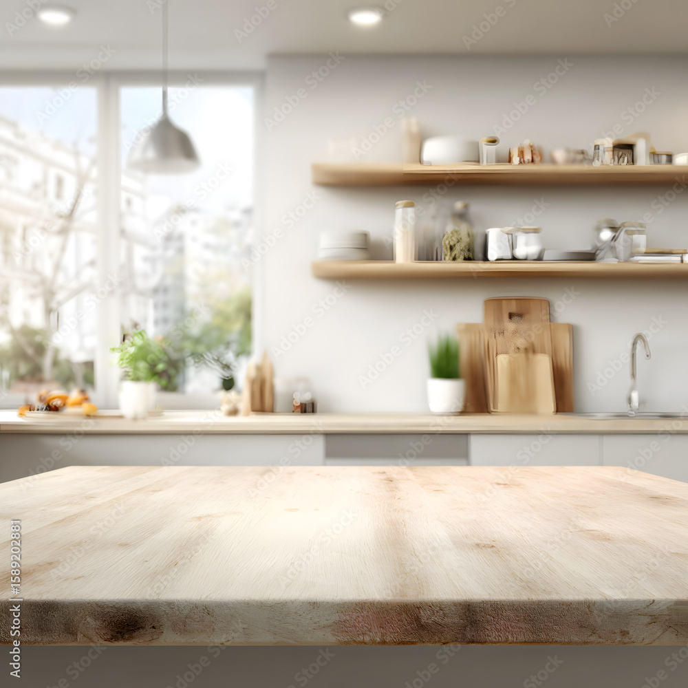 Fototapeta premium Indoor kitchen with a wooden table with studio and daylight