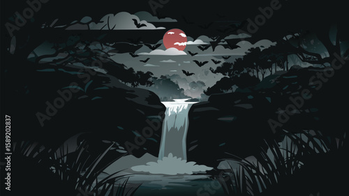 A waterfall scene at night with a red moon and bats flying in the sky in a dark landscape view