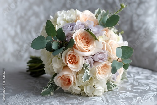 A fresh bouquet of pale peach roses, soft lavender, and white hydrangeas, paired with trailing ivy and green eucalyptus
