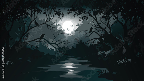 A dark forest scene with a river reflecting moonlight and birds perched on silhouetted branches