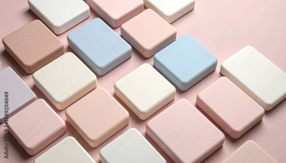 Fototapeta premium Elevated Soft 3D Square Blocks Arrangement on a Pastel Pink Background in Gentle Color Tones