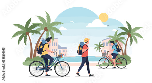 Travelers Exploring Tropical Paradise on Bikes and Foot