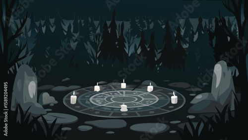 A mystical circle with candles in a dark forest surrounded by trees and stones at night time scene
