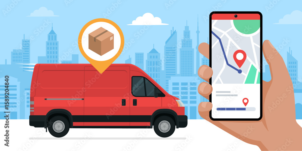 Delivery package tracker app and delivery van Delivery package tracker app and delivery van