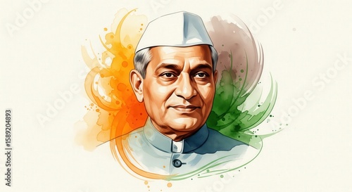 Wallpaper Mural Lal Bahadur Shastri Watercolor Image with Saffron-Green Artistic Swirls – Independence Day Tribute Torontodigital.ca