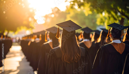 Graduates in Black Gowns Walk at Sunset