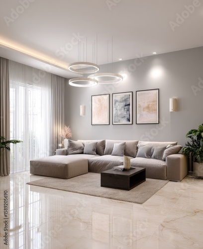 Modern living room with neutral color scheme, featuring a sectional sofa, artwork, and pendant lighting