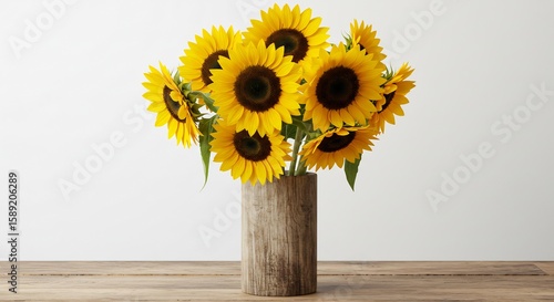 陽光輝くヒマワリの花束 木製の素朴な花瓶に活けられて 鮮やか. AI Generated