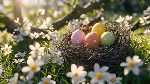 Three vibrant Easter eggs rest in a bird nest on fresh spring grass, surrounded by blooming flowers and sunlight.