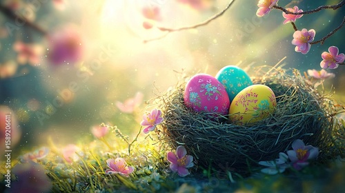 Three vibrant Easter eggs rest in a bird nest on fresh spring grass, surrounded by blooming flowers and sunlight.