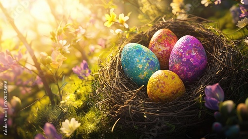 Three vibrant Easter eggs rest in a bird nest on fresh spring grass, surrounded by blooming flowers and sunlight.
