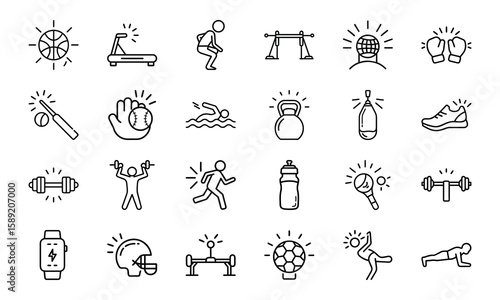 Dynamic Collection of Sports and Fitness Line Icons Perfect for Gyms, Health Apps, and Athletic Branding