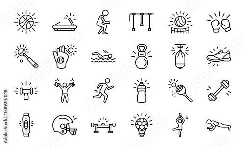 Dynamic Collection of Sports and Fitness Line Icons Perfect for Gyms, Health Apps, and Athletic Branding