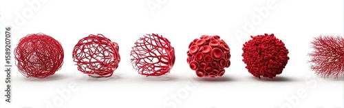 A sequence of six red spherical structures, each with a different intricate texture and pattern, displayed against a white background.