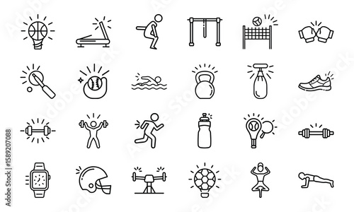 Dynamic Collection of Sports and Fitness Line Icons Perfect for Gyms, Health Apps, and Athletic Branding