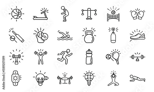 Dynamic Collection of Sports and Fitness Line Icons Perfect for Gyms, Health Apps, and Athletic Branding