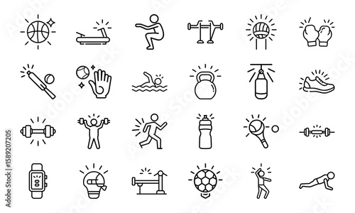 Dynamic Collection of Sports and Fitness Line Icons Perfect for Gyms, Health Apps, and Athletic Branding