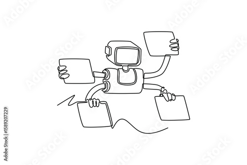 A robot with multiple arms extends. AI chat. AI chat concept. Single line draw design. Vector graphic illustration