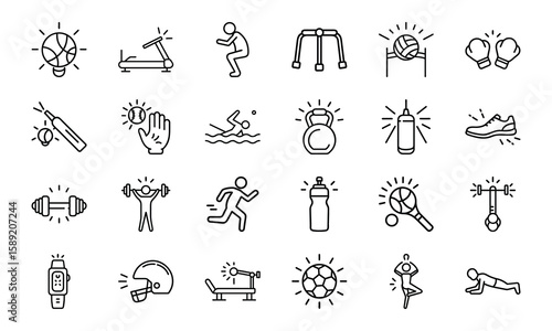 Dynamic Collection of Sports and Fitness Line Icons Perfect for Gyms, Health Apps, and Athletic Branding