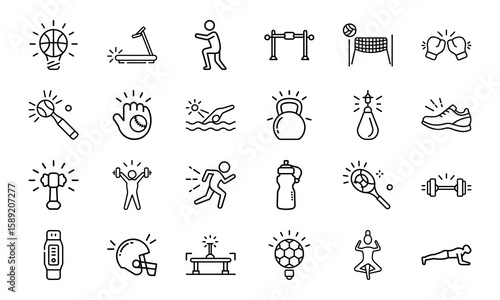 Dynamic Collection of Sports and Fitness Line Icons Perfect for Gyms, Health Apps, and Athletic Branding