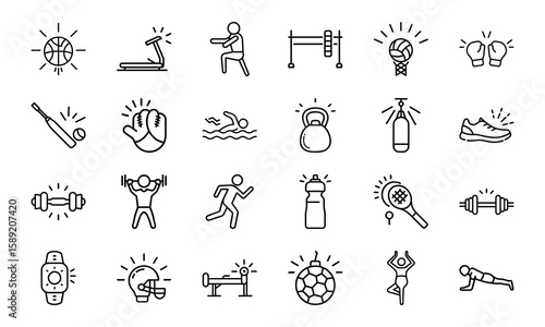 Dynamic Collection of Sports and Fitness Line Icons Perfect for Gyms, Health Apps, and Athletic Branding