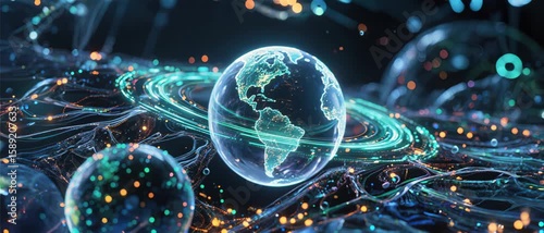 Digital Earth Connecting Global Networks in a Futuristic Abstract Environment with Glowing Light Streams Representing Data Flow