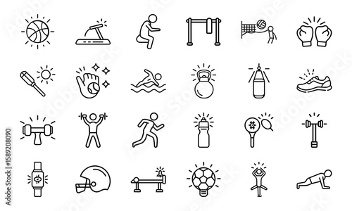 Dynamic Collection of Sports and Fitness Line Icons Perfect for Gyms, Health Apps, and Athletic Branding