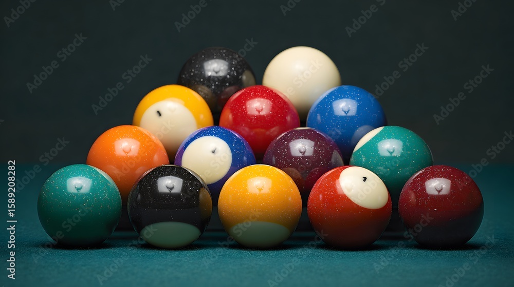 Billiard balls are racked, ready for a game of pool on a green felt table