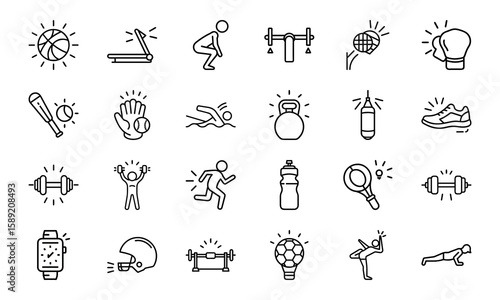 Dynamic Collection of Sports and Fitness Line Icons Perfect for Gyms, Health Apps, and Athletic Branding
