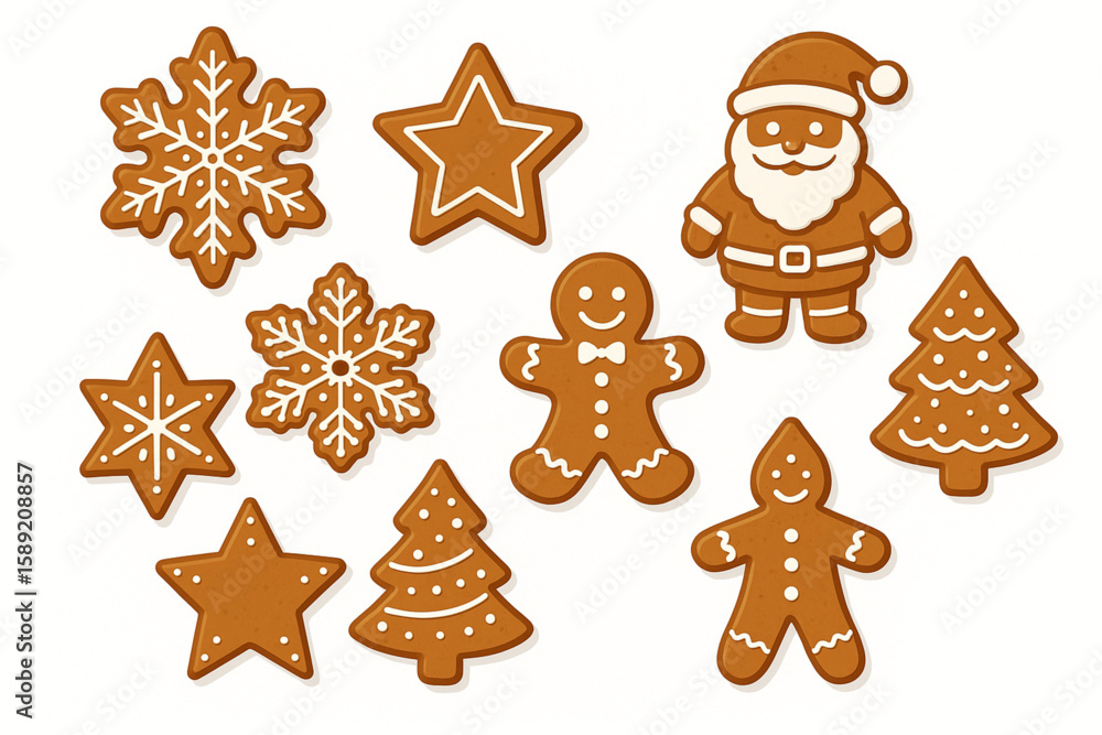 Fototapeta premium Vector Set of Gingerbread Christmas Cookies – Santa, Snowflake, Star, Tree, Biscuit Designs