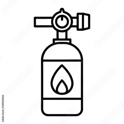 Black outline icon of a gas cylinder with a flame symbol and regulator fuel fire