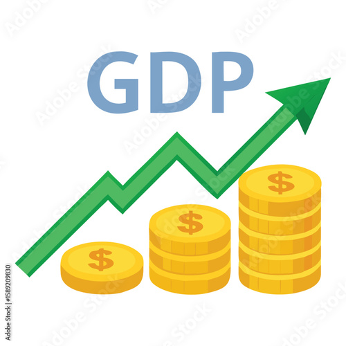 Gdp growth concept with increasing money stacks and upward arrow representing economic development success