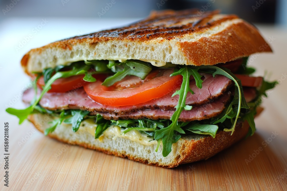 Delicious sandwich with melted cheese arugula and sliced tomato on wooden table in bright natural light Delicious sandwich with melted cheese arugula and sliced tomato on wooden table in bright natural light