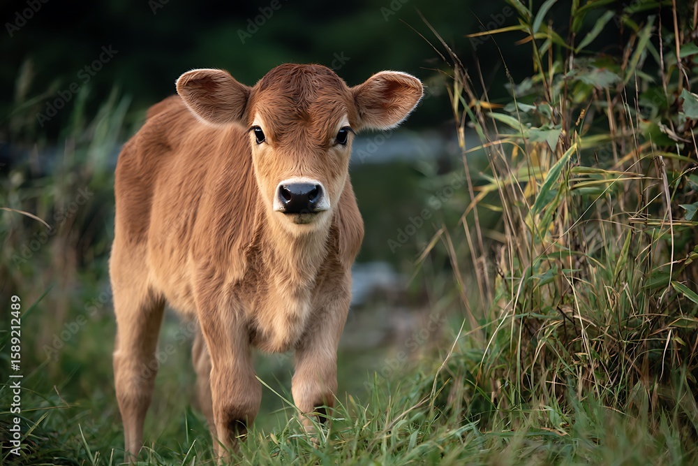 Fototapeta premium A portrait of a light brown calf standing peacefully in the green grass