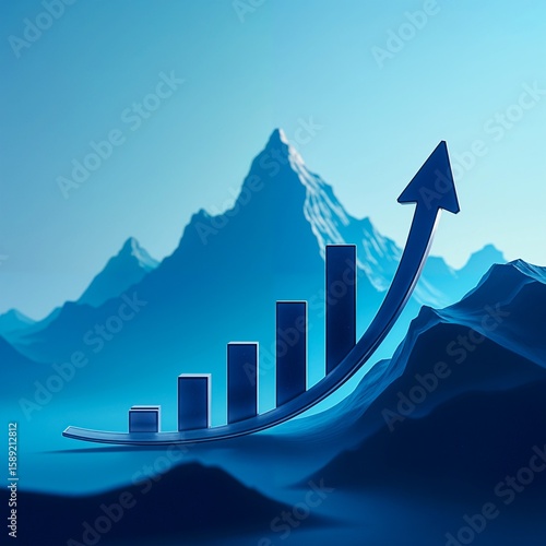 3D Growth Chart with Upward Arrow Against Mountain Background Symbolizing Success and Progress
