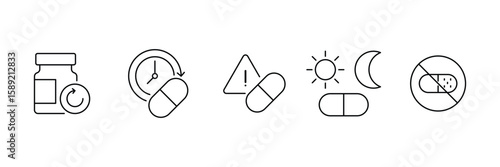 Pharmaceutical medical dosage warning and timing icon vector illustration set.