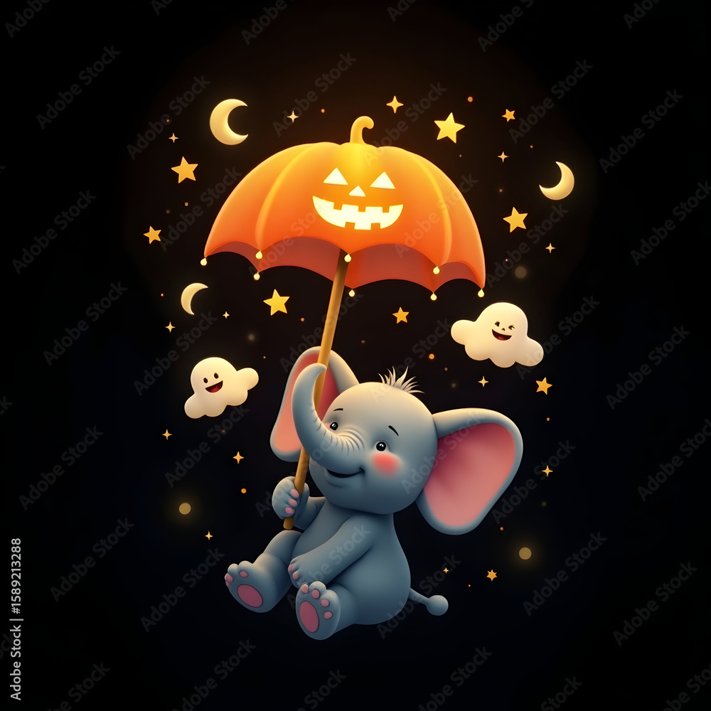 Fototapeta premium Flying Elephant Holding Umbrella with Pumpkin Moon – Dark Sky